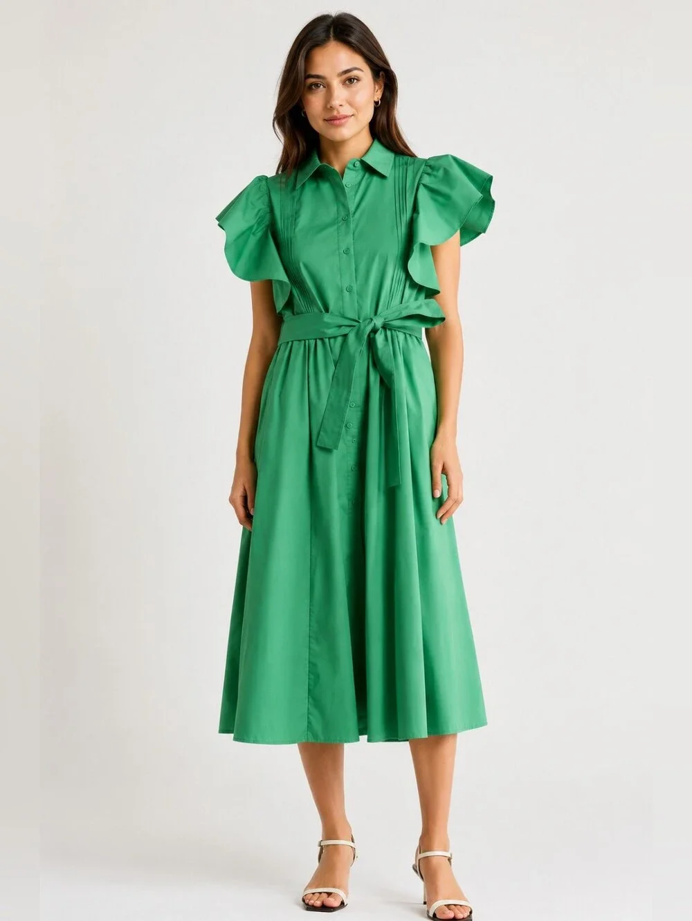 Jason Wu Woman Green Flutter Sleeve Midi Shirt Dress Belted 2X - Picture 1 of 8